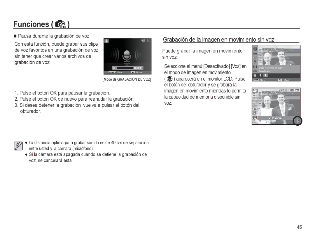 Samsung EC-ES55ZABP/E1 manual Grabación de la imagen en movimiento sin voz, Puede grabar la imagen en movimiento sin voz 