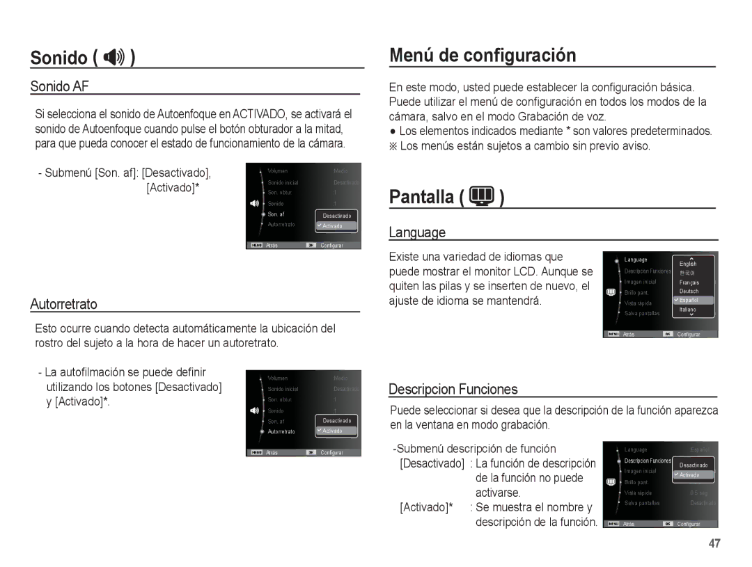 Samsung EC-ES55ZPBP/E1 manual Menú de conﬁguración, Pantalla, Sonido AF, Language Autorretrato, Descripcion Funciones 