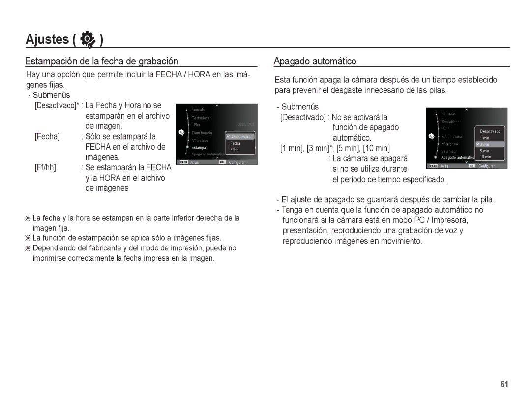 Samsung EC-ES55ZSBP/E1, EC-ES55ZABP/AU, EC-ES55ZABP/E1 manual Estampación de la fecha de grabación, Apagado automático 