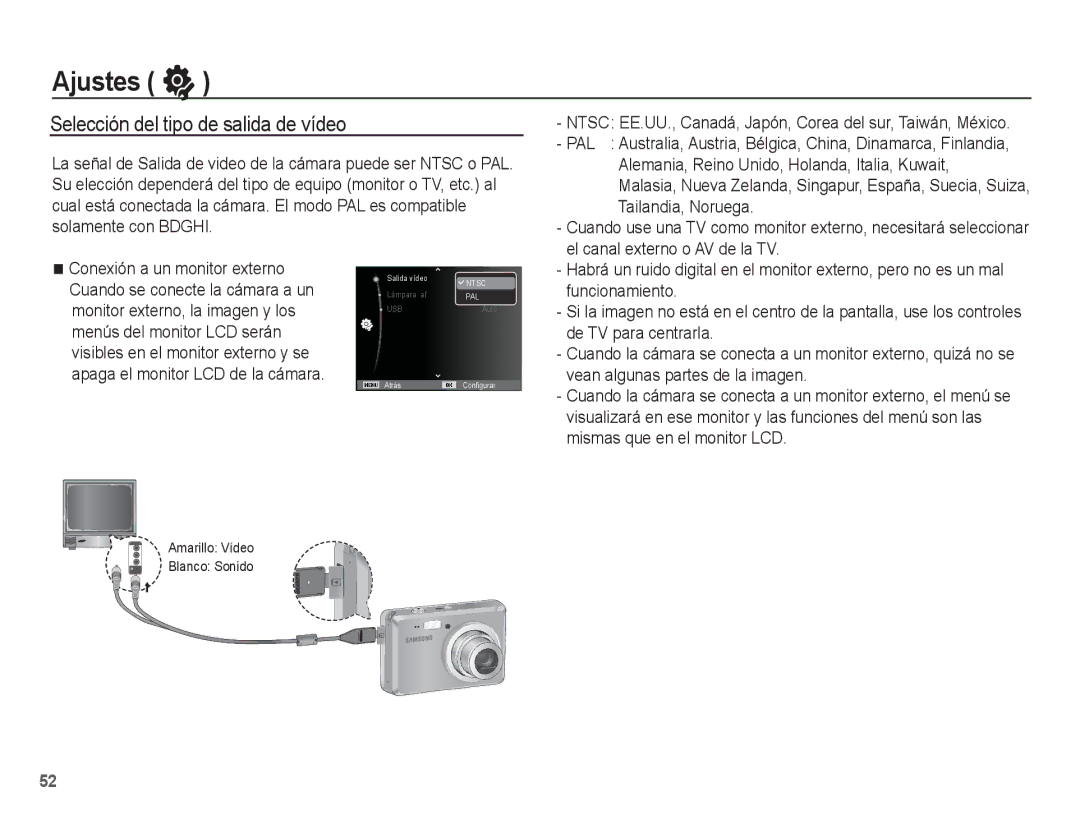 Samsung EC-ES55ZPBP/E1, EC-ES55ZABP/AU, EC-ES55ZABP/E1, EC-ES55ZSBP/E1, EC-ES55ZBBP/E1 Selección del tipo de salida de vídeo 