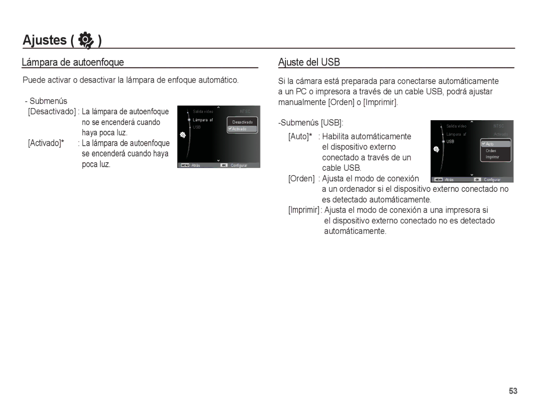 Samsung EC-ES55ZBBP/E1, EC-ES55ZABP/AU, EC-ES55ZABP/E1, EC-ES55ZSBP/E1, EC-ES55ZPBP/E1 Lámpara de autoenfoque, Ajuste del USB 