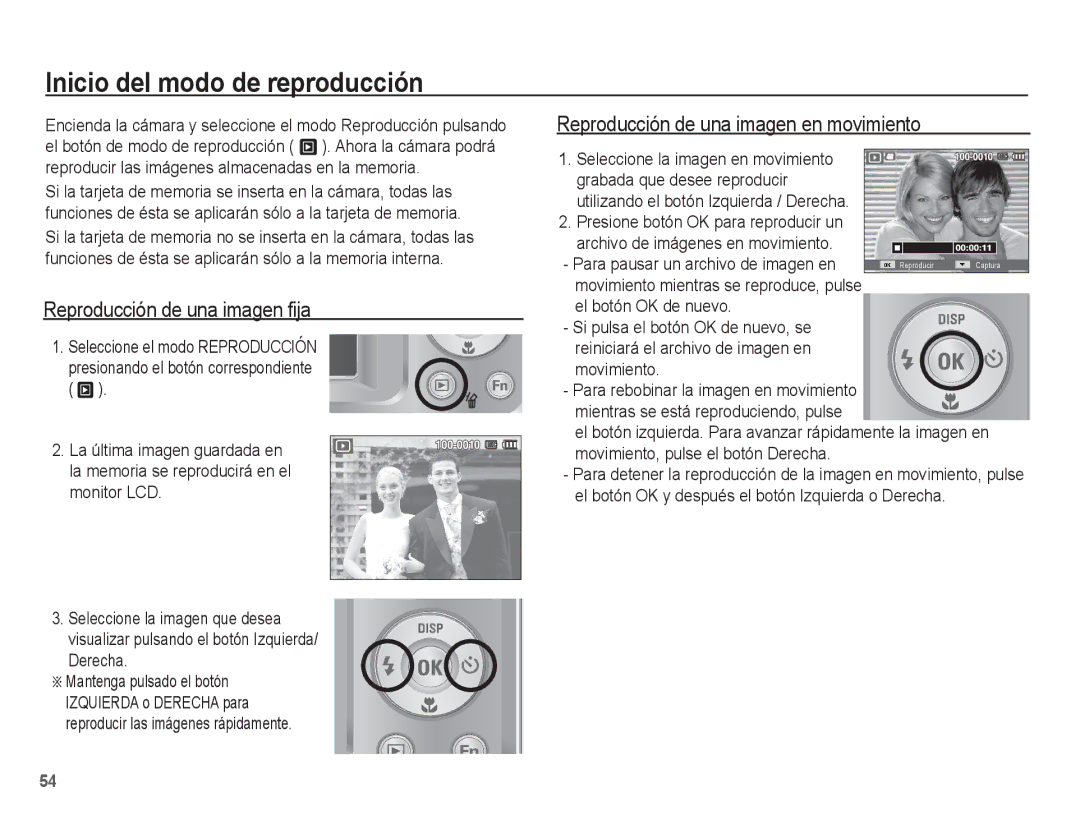 Samsung EC-ES55ZABP/AU Inicio del modo de reproducción, Reproducción de una imagen fija, Derecha Mantenga pulsado el botón 