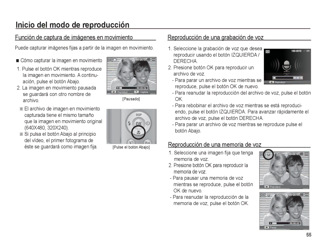 Samsung EC-ES55ZABP/E1 Función de captura de imágenes en movimiento, Reproducción de una grabación de voz, Archivo de voz 