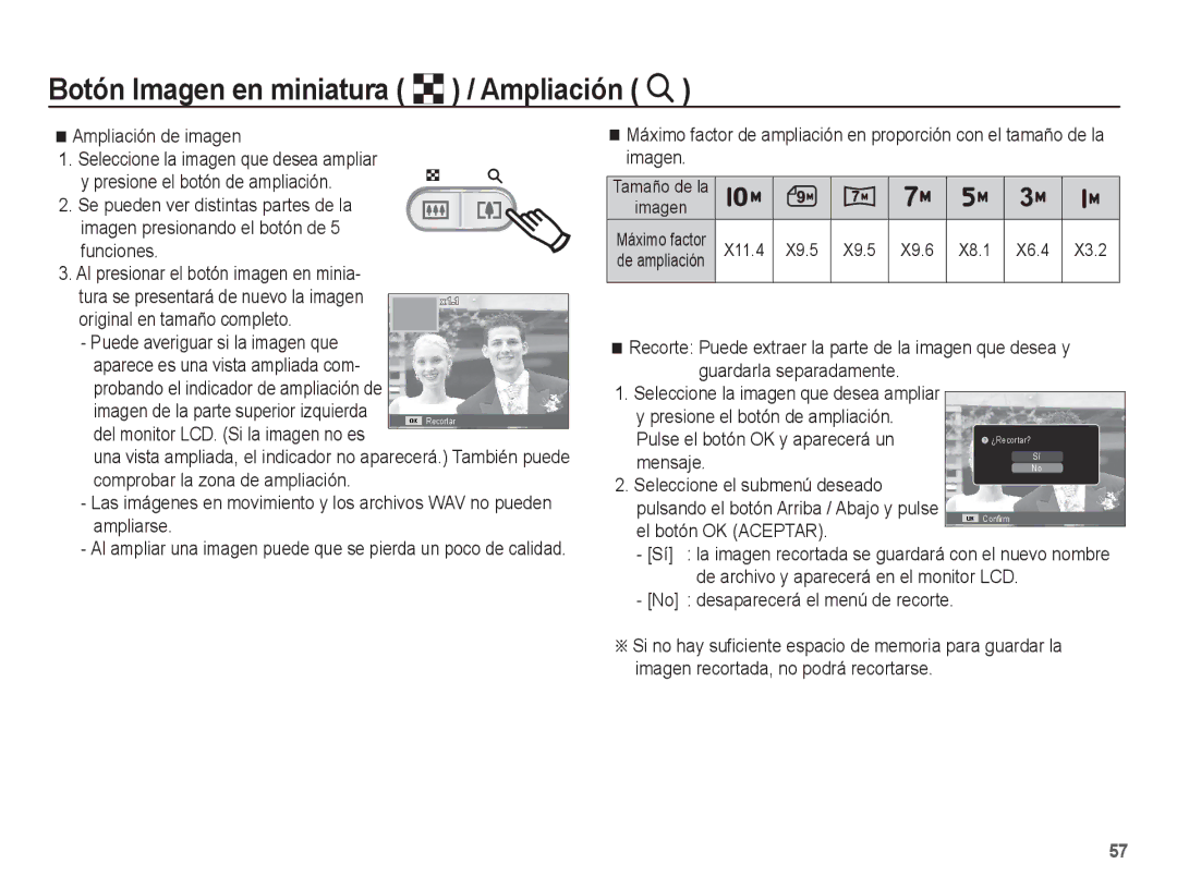 Samsung EC-ES55ZPBP/E1, EC-ES55ZABP/AU, EC-ES55ZABP/E1, EC-ES55ZSBP/E1 manual Botón Imagen en miniatura º / Ampliación í 