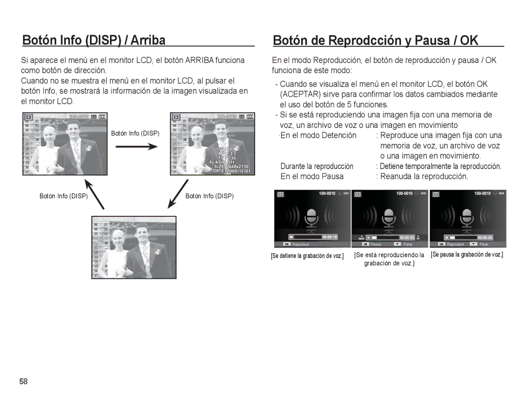 Samsung EC-ES55ZBBP/E1, EC-ES55ZABP/AU manual Botón de Reprodcción y Pausa / OK, En el modo Pausa Reanuda la reproducción 