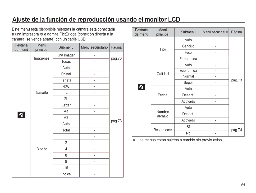 Samsung EC-ES55ZSBP/E1 manual Ajuste de la función de reproducción usando el monitor LCD, Pág.73, 4X6, Pestaña Menú Submenú 