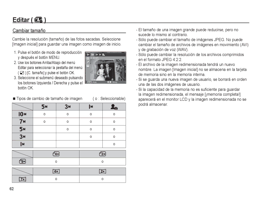 Samsung EC-ES55ZPBP/E1, EC-ES55ZABP/AU, EC-ES55ZABP/E1, EC-ES55ZSBP/E1, EC-ES55ZBBP/E1 manual Editar, Cambiar tamaño 