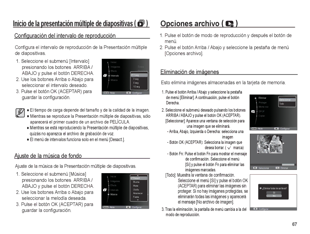 Samsung EC-ES55ZPBP/E1 manual Opciones archivo, Configuración del intervalo de reproducción, Eliminación de imágenes 