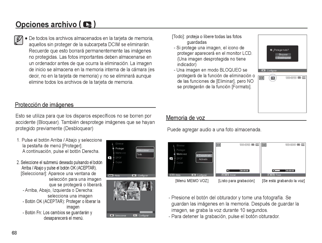 Samsung EC-ES55ZBBP/E1, EC-ES55ZABP/AU Protección de imágenes, Memoria de voz, Puede agregar audio a una foto almacenada 