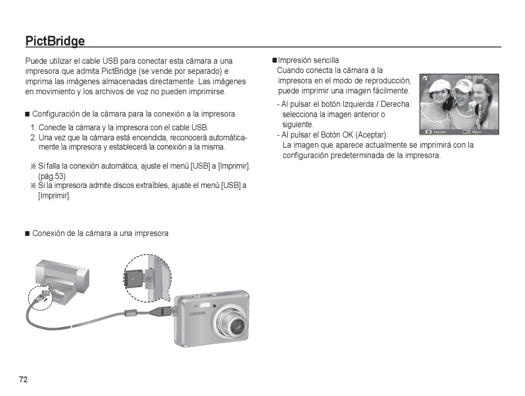 Samsung EC-ES55ZPBP/E1, EC-ES55ZABP/AU, EC-ES55ZABP/E1 manual PictBridge, Configuración predeterminada de la impresora 