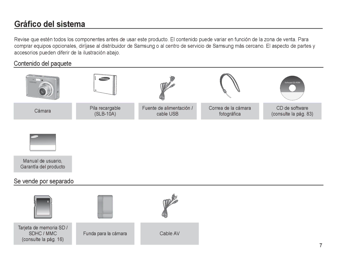 Samsung EC-ES55ZPBP/E1, EC-ES55ZABP/AU manual Gráﬁco del sistema, Contenido del paquete, Se vende por separado, Cámara 