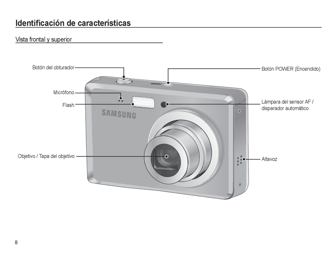 Samsung EC-ES55ZBBP/E1, EC-ES55ZABP/AU, EC-ES55ZABP/E1 Identiﬁcación de características, Vista frontal y superior, Altavoz 