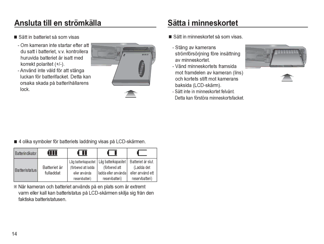 Samsung EC-ES55ZPBP/E2, EC-ES55ZABP/E2 manual Sätta i minneskortet, Huruvida batteriet är isatt med korrekt polaritet + 