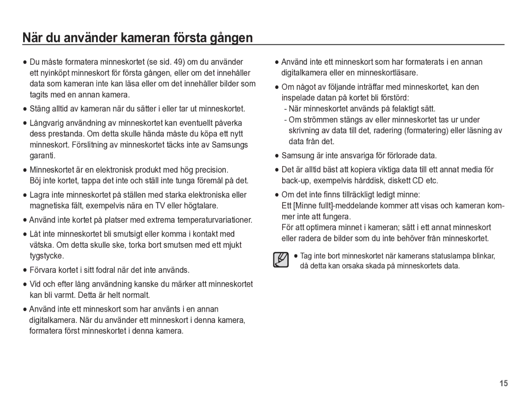 Samsung EC-ES55ZABP/E2, EC-ES55ZBBP/E2, EC-ES55ZSBP/E2, EC-ES55ZPBP/E2 manual När du använder kameran första gången 