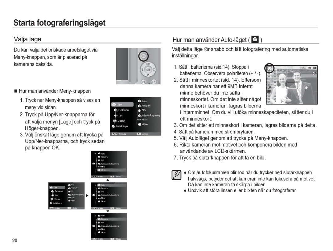 Samsung EC-ES55ZBBP/E2, EC-ES55ZABP/E2, EC-ES55ZSBP/E2 Starta fotograferingsläget, Välja läge Hur man använder Auto-läget 