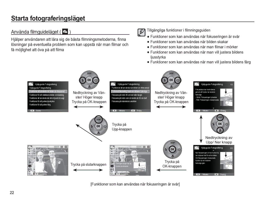 Samsung EC-ES55ZPBP/E2, EC-ES55ZABP/E2 manual Använda ﬁlmguideläget, Ster/ Höger knapp, Nedtryckning av Upp/ Ner knapp 