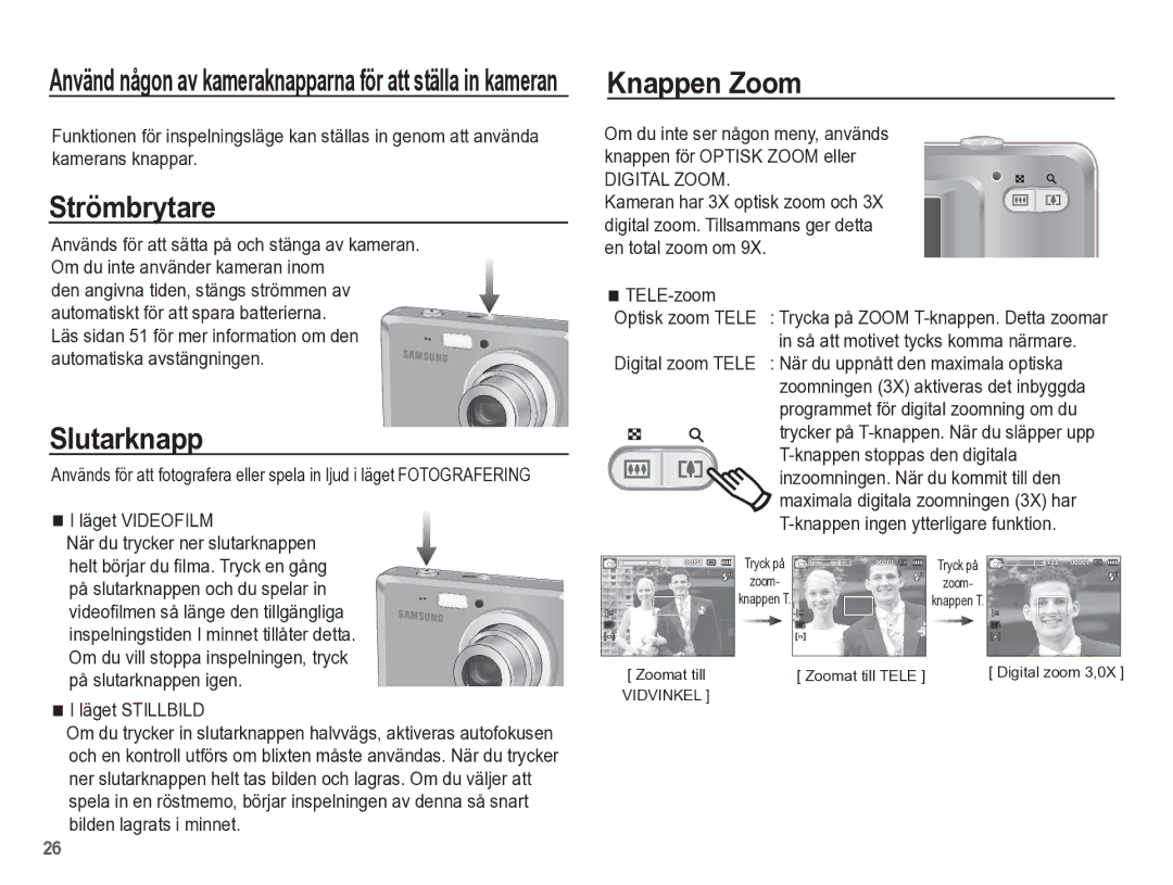 Samsung EC-ES55ZPBP/E2, EC-ES55ZABP/E2, EC-ES55ZBBP/E2, EC-ES55ZSBP/E2 Strömbrytare, Slutarknapp, Knappen Zoom, TELE-zoom 