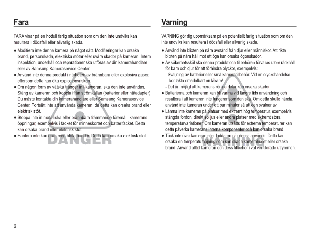 Samsung EC-ES55ZPBP/E2, EC-ES55ZABP/E2, EC-ES55ZBBP/E2, EC-ES55ZSBP/E2 manual Fara, Varning 