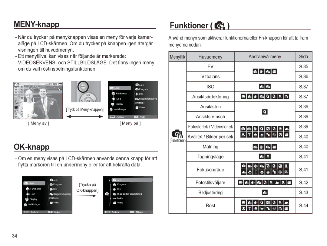 Samsung EC-ES55ZPBP/E2 manual MENY-knapp, OK-knapp, Funktioner, Andranivå-meny Sida, Fotostilsväljare Bildjustering Röst 