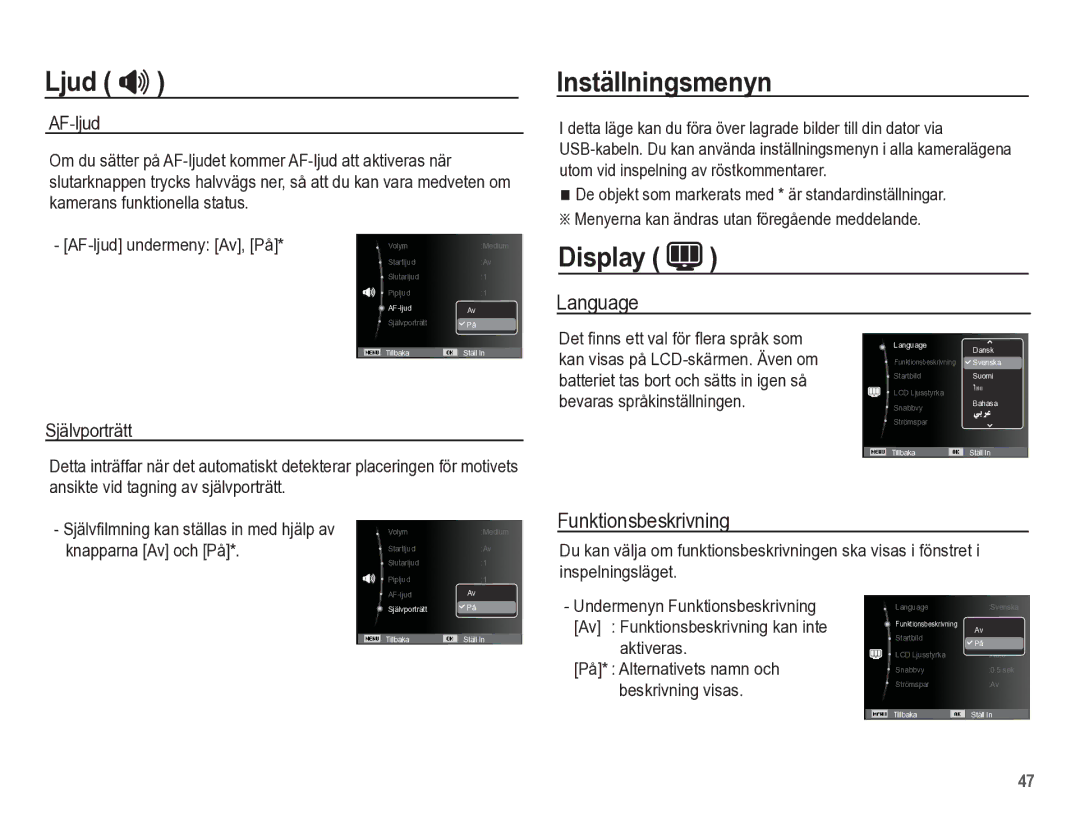 Samsung EC-ES55ZABP/E2, EC-ES55ZBBP/E2, EC-ES55ZSBP/E2 manual Inställningsmenyn, Display, Language, Funktionsbeskrivning 