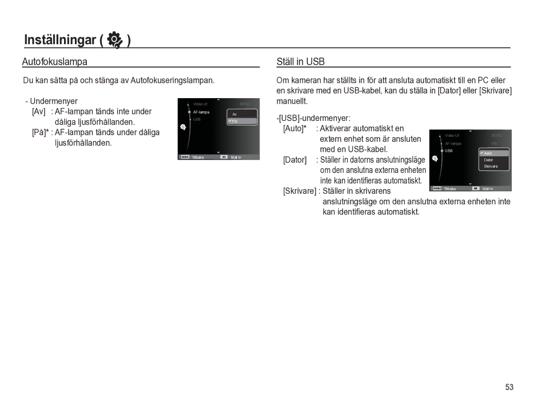 Samsung EC-ES55ZSBP/E2, EC-ES55ZABP/E2, EC-ES55ZBBP/E2, EC-ES55ZPBP/E2 manual Autofokuslampa, Ställ in USB 