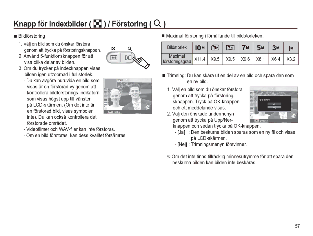 Samsung EC-ES55ZSBP/E2 manual Knapp för Indexbilder º / Förstoring í, Bildförstoring, Sknappen. Tryck på OK-knappen 