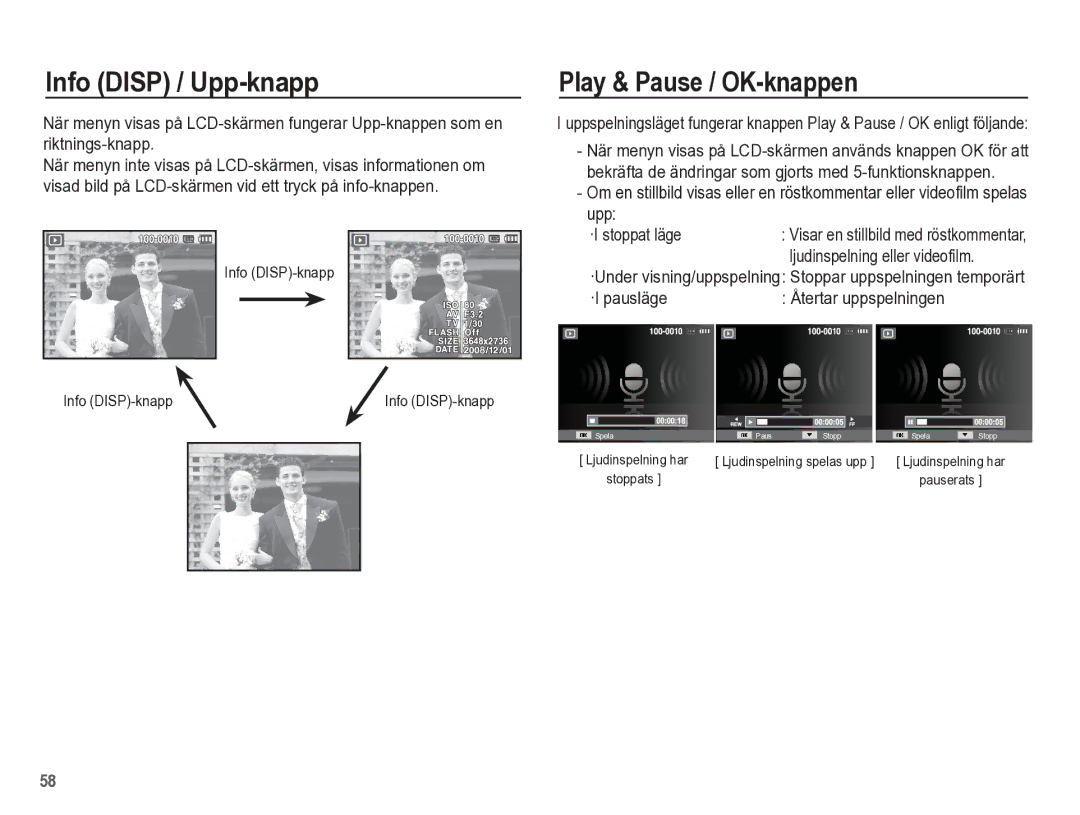 Samsung EC-ES55ZPBP/E2, EC-ES55ZABP/E2, EC-ES55ZBBP/E2 manual Play & Pause / OK-knappen, Upp ·I stoppat läge, ·I pausläge 