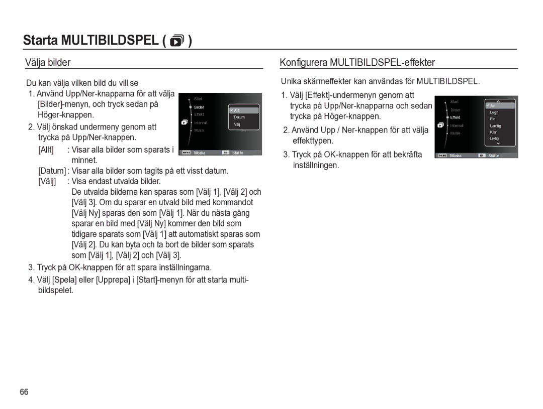 Samsung EC-ES55ZPBP/E2, EC-ES55ZABP/E2, EC-ES55ZBBP/E2, EC-ES55ZSBP/E2 manual Välja bilder Konfigurera MULTIBILDSPEL-effekter 