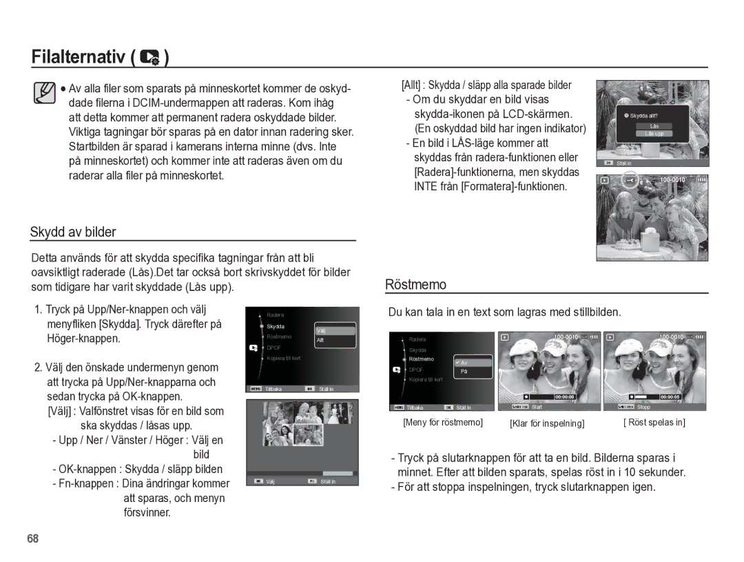 Samsung EC-ES55ZBBP/E2, EC-ES55ZABP/E2, EC-ES55ZSBP/E2 Skydd av bilder, Du kan tala in en text som lagras med stillbilden 