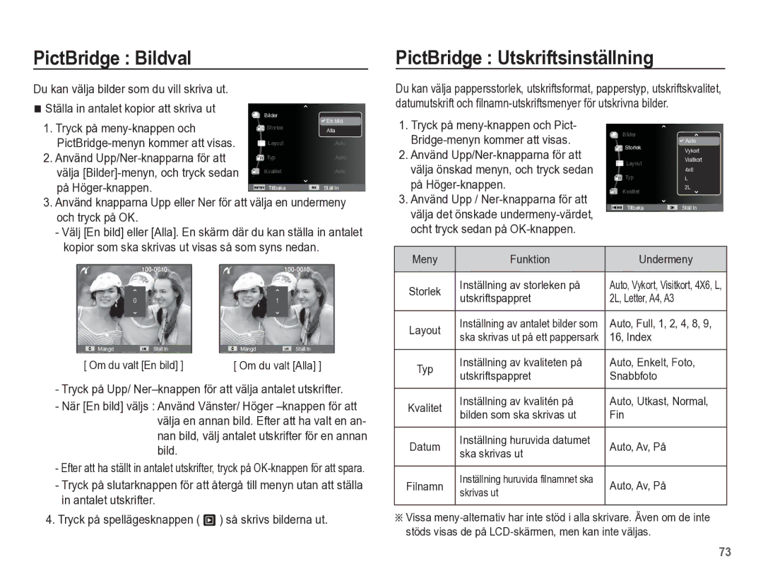 Samsung EC-ES55ZSBP/E2 PictBridge Bildval, PictBridge Utskriftsinställning, Tryck på meny-knappen och, På Höger-knappen 