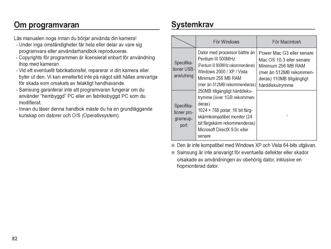 Samsung EC-ES55ZPBP/E2, EC-ES55ZABP/E2 Om programvaran, Systemkrav, Läs manualen noga innan du börjar använda din kamera 