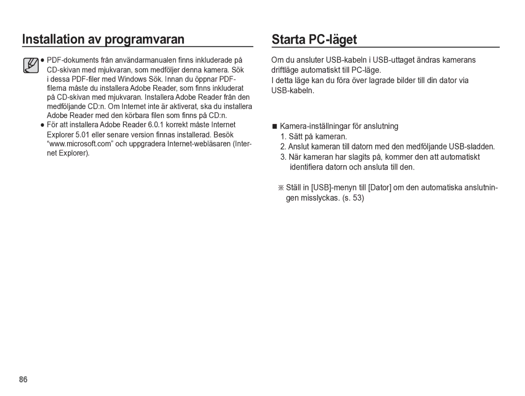 Samsung EC-ES55ZPBP/E2, EC-ES55ZABP/E2, EC-ES55ZBBP/E2, EC-ES55ZSBP/E2 manual Installation av programvaran Starta PC-läget 