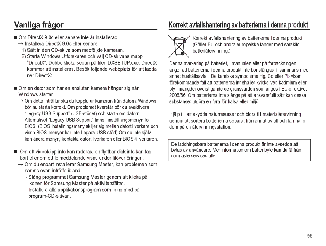 Samsung EC-ES55ZABP/E2, EC-ES55ZBBP/E2, EC-ES55ZSBP/E2 manual Korrekt avfallshantering av batterierna i denna produkt 