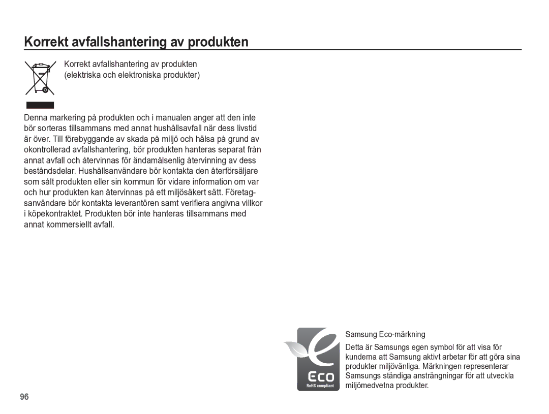 Samsung EC-ES55ZBBP/E2, EC-ES55ZABP/E2, EC-ES55ZSBP/E2 manual Korrekt avfallshantering av produkten, Samsung Eco-märkning 