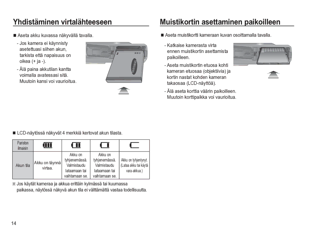 Samsung EC-ES55ZPBP/E2 manual Muistikortin asettaminen paikoilleen, Aseta akku kuvassa näkyvällä tavalla, Akun tila 