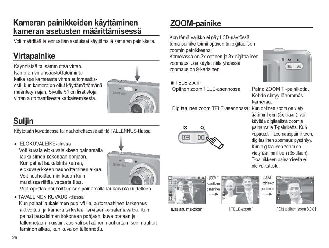 Samsung EC-ES55ZPBP/E2, EC-ES55ZABP/E2, EC-ES55ZBBP/E2, EC-ES55ZSBP/E2 manual Virtapainike, Suljin, ZOOM-painike 