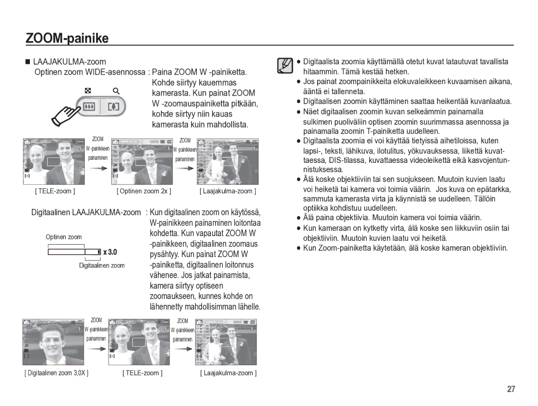 Samsung EC-ES55ZABP/E2, EC-ES55ZBBP/E2, EC-ES55ZSBP/E2, EC-ES55ZPBP/E2 manual TELE-zoom Optinen zoom 