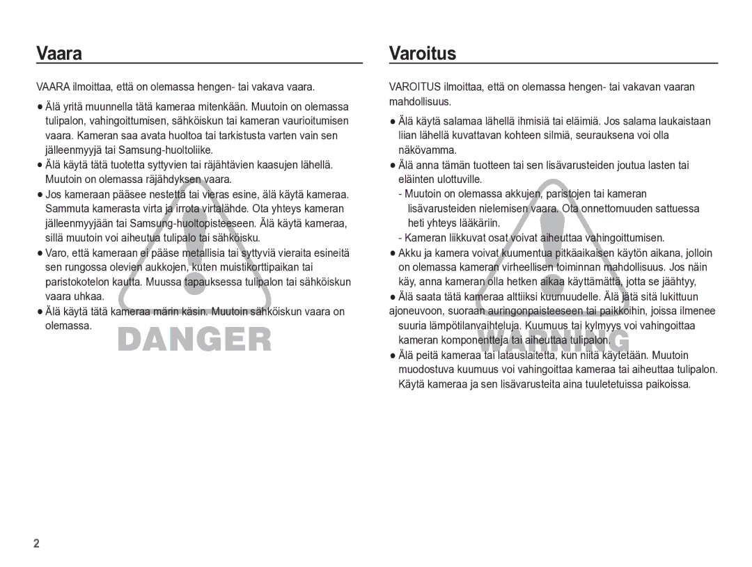 Samsung EC-ES55ZPBP/E2, EC-ES55ZABP/E2 manual Varoitus, Vaara ilmoittaa, että on olemassa hengen- tai vakava vaara 