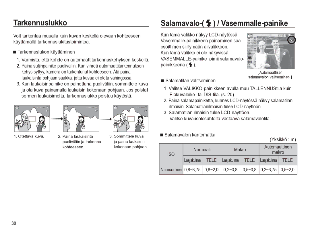 Samsung EC-ES55ZPBP/E2, EC-ES55ZABP/E2 manual Tarkennuslukko, Salamavalo- / Vasemmalle-painike, Salamatilan valitseminen 