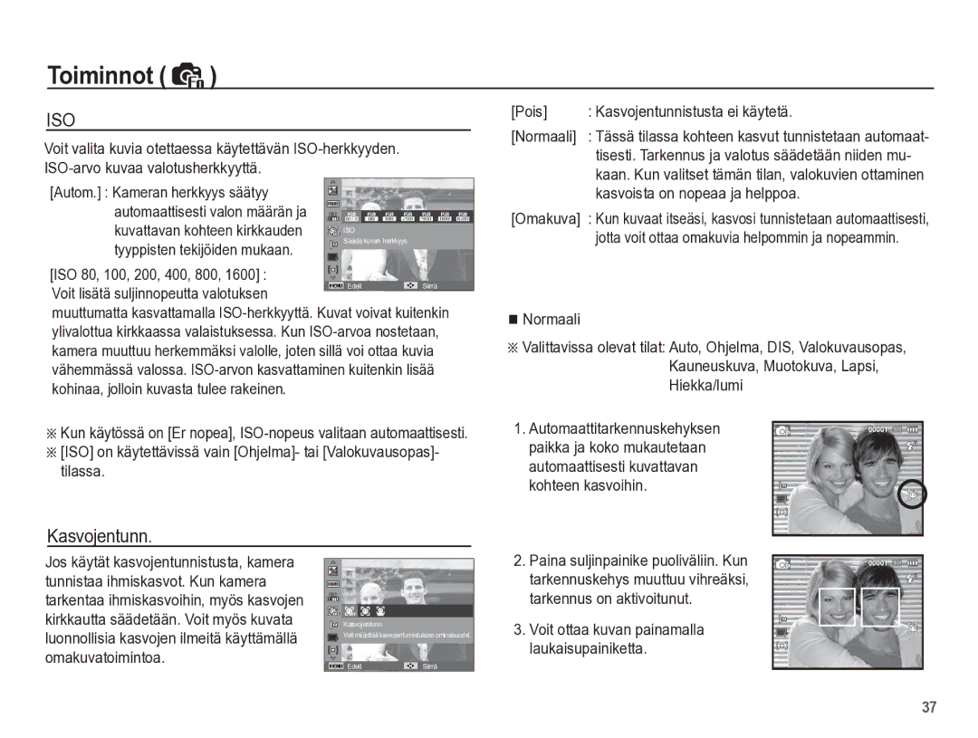 Samsung EC-ES55ZSBP/E2, EC-ES55ZABP/E2 manual Kasvojentunn, Kuvattavan kohteen kirkkauden, Tyyppisten tekijöiden mukaan 