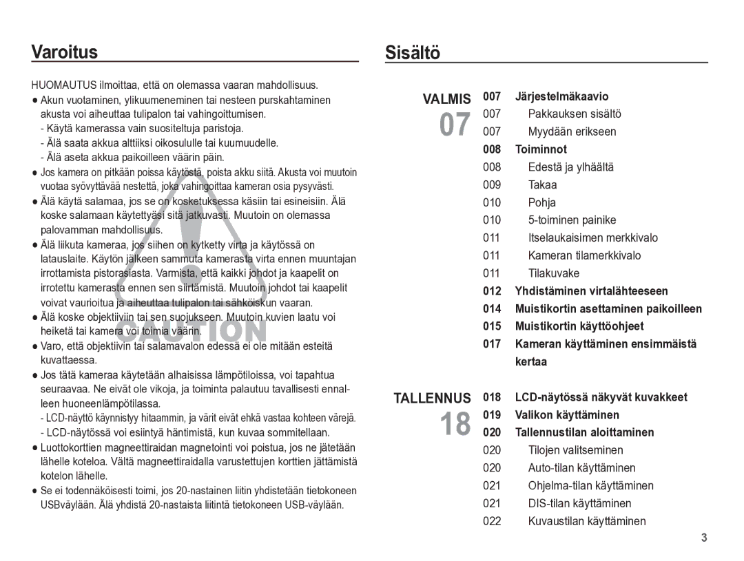 Samsung EC-ES55ZABP/E2, EC-ES55ZBBP/E2, EC-ES55ZSBP/E2, EC-ES55ZPBP/E2 manual Sisältö, Pakkauksen sisältö Myydään erikseen 