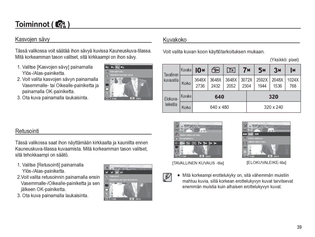 Samsung EC-ES55ZABP/E2 manual Kasvojen sävy, Kuvakoko, Retusointi, Voit valita kuvan koon käyttötarkoituksen mukaan 