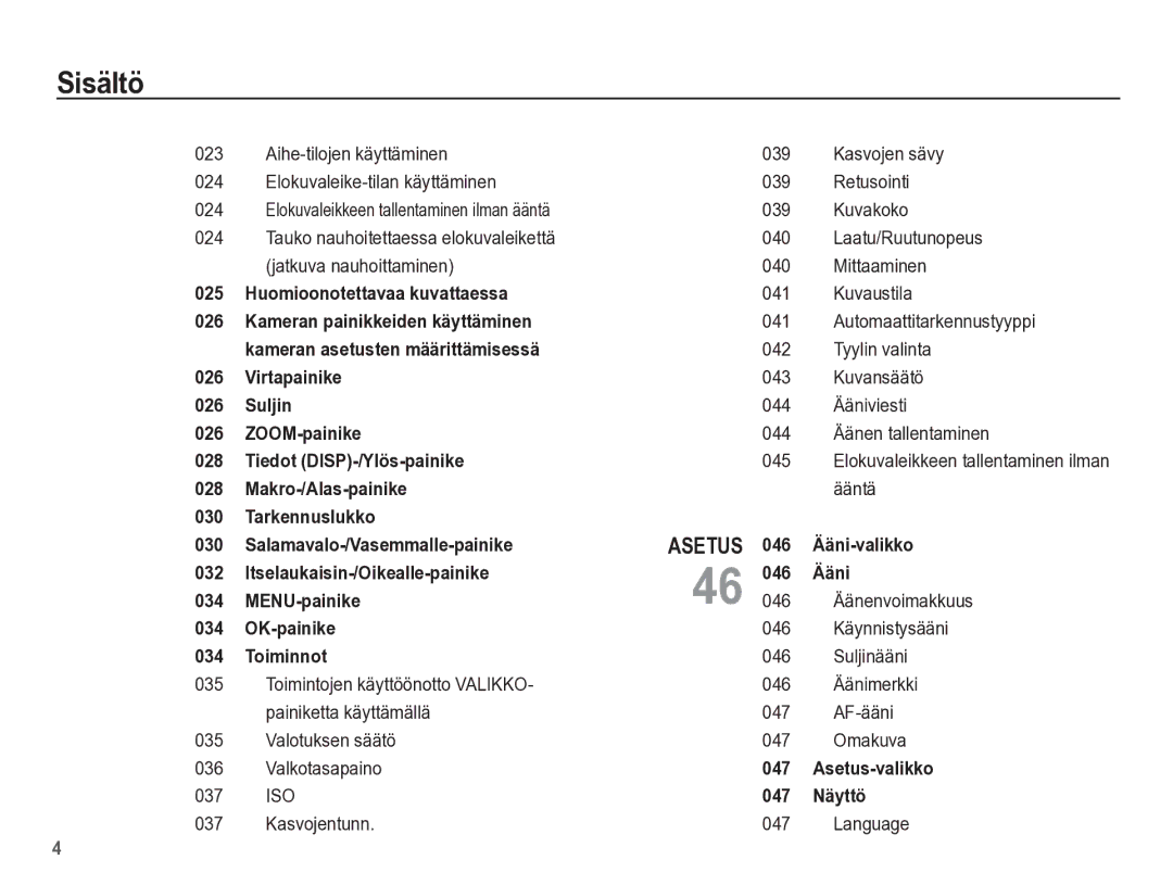 Samsung EC-ES55ZBBP/E2, EC-ES55ZABP/E2, EC-ES55ZSBP/E2 manual Valotuksen säätö Valkotasapaino 037 ISO Kasvojentunn, Language 