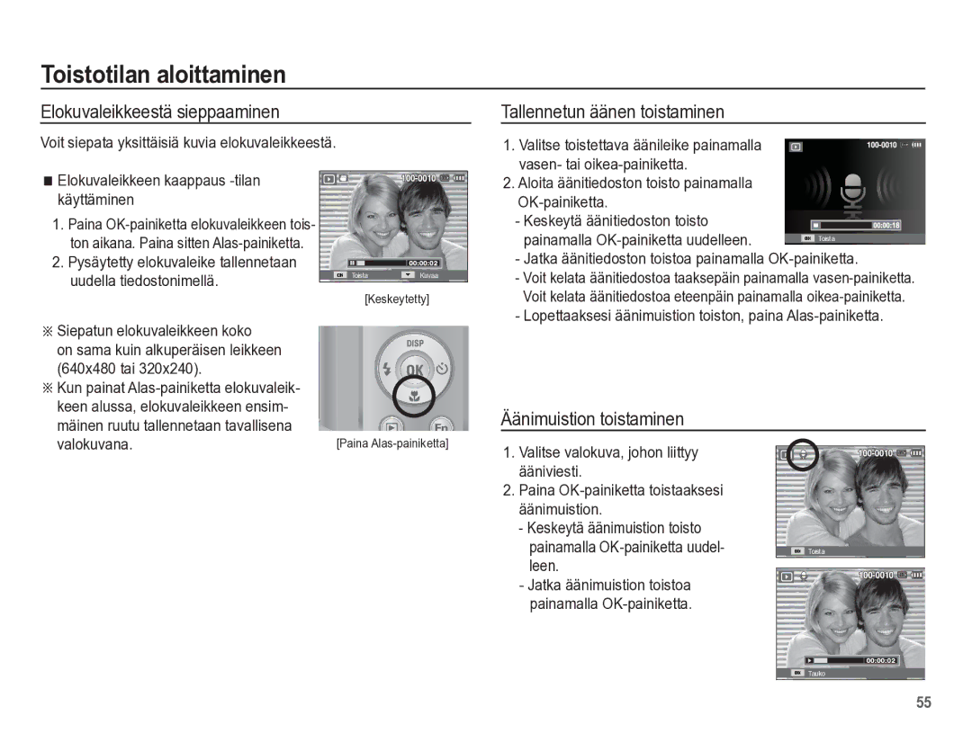 Samsung EC-ES55ZABP/E2 manual Elokuvaleikkeestä sieppaaminen, Tallennetun äänen toistaminen, Äänimuistion toistaminen 