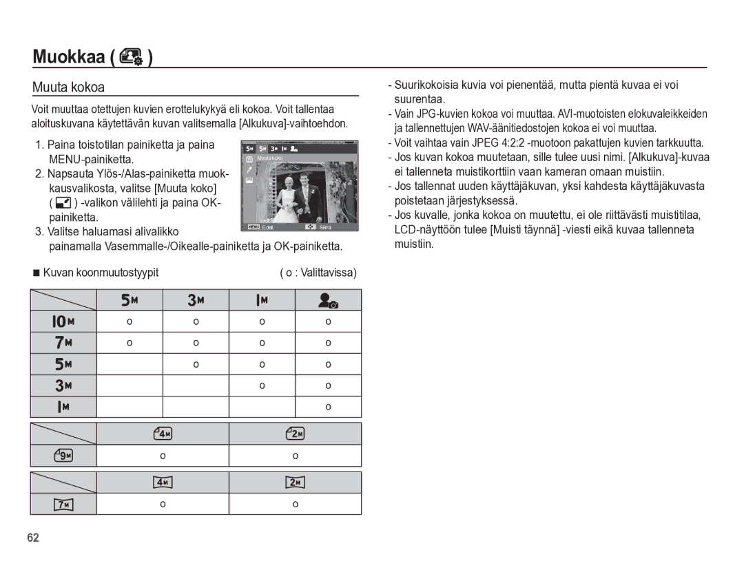 Samsung EC-ES55ZPBP/E2, EC-ES55ZABP/E2, EC-ES55ZBBP/E2, EC-ES55ZSBP/E2 manual Muokkaa, Muuta kokoa 