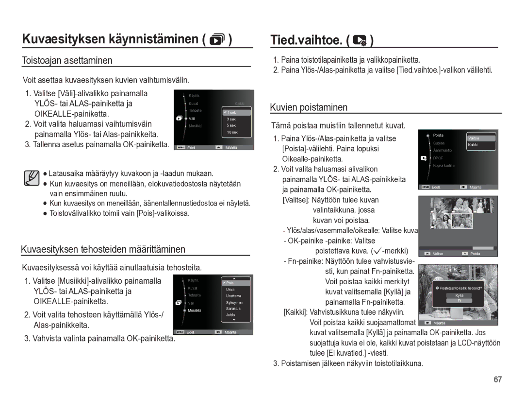 Samsung EC-ES55ZABP/E2 Tied.vaihtoe, Toistoajan asettaminen, Kuvaesityksen tehosteiden määrittäminen, Kuvien poistaminen 