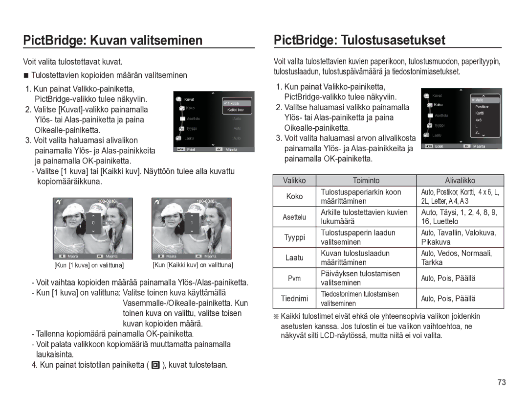 Samsung EC-ES55ZSBP/E2, EC-ES55ZABP/E2, EC-ES55ZBBP/E2 manual PictBridge Kuvan valitseminen, PictBridge Tulostusasetukset 