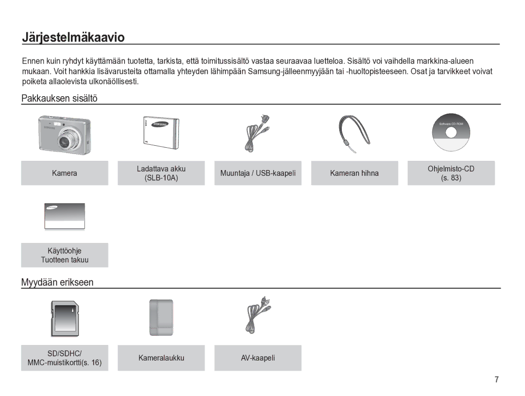 Samsung EC-ES55ZABP/E2, EC-ES55ZBBP/E2, EC-ES55ZSBP/E2 manual Järjestelmäkaavio, Pakkauksen sisältö, Myydään erikseen 