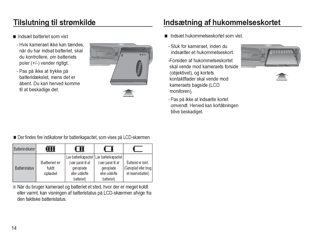 Samsung EC-ES55ZPBP/E2 manual Indsætning af hukommelseskortet, Indsæt batteriet som vist, Indsæt hukommelseskortet som vist 