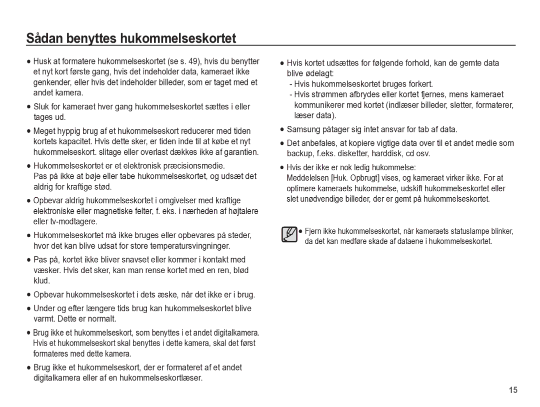 Samsung EC-ES55ZABP/E2, EC-ES55ZBBP/E2, EC-ES55ZSBP/E2, EC-ES55ZPBP/E2 manual Sådan benyttes hukommelseskortet 